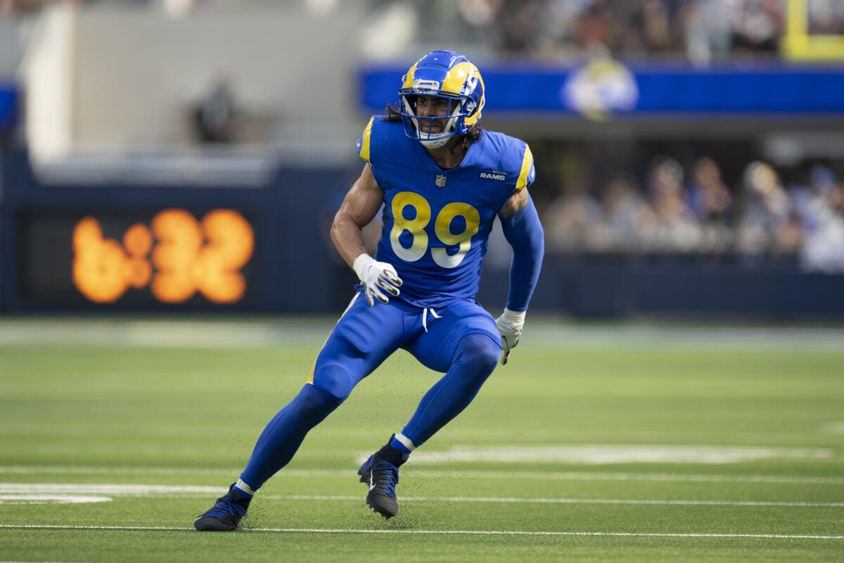 Rams tight end Tyler Higbee runs a route against the Arizona Cardinals on Oct. 3.