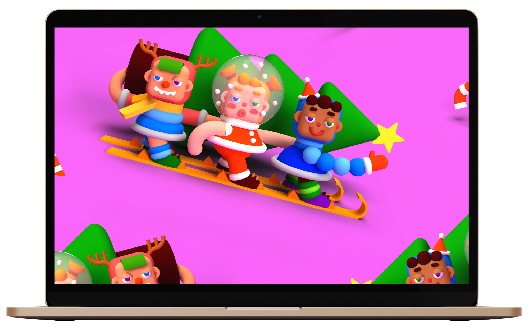 Wallpaper illustration on a laptop of three 3D characters skiing while carrying a Christmas tree. 