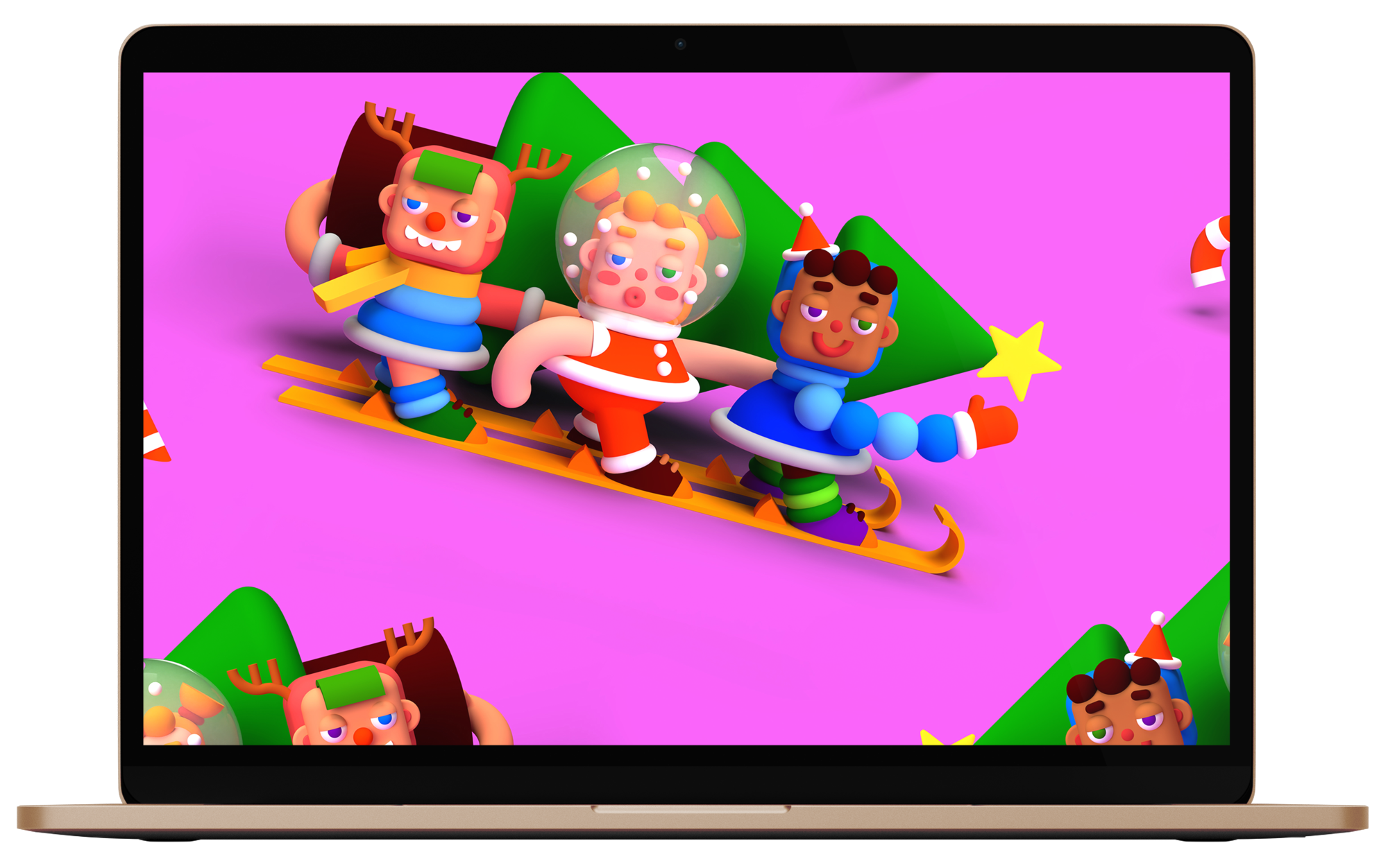 Wallpaper illustration on a laptop of three 3D characters skiing while carrying a Christmas tree.