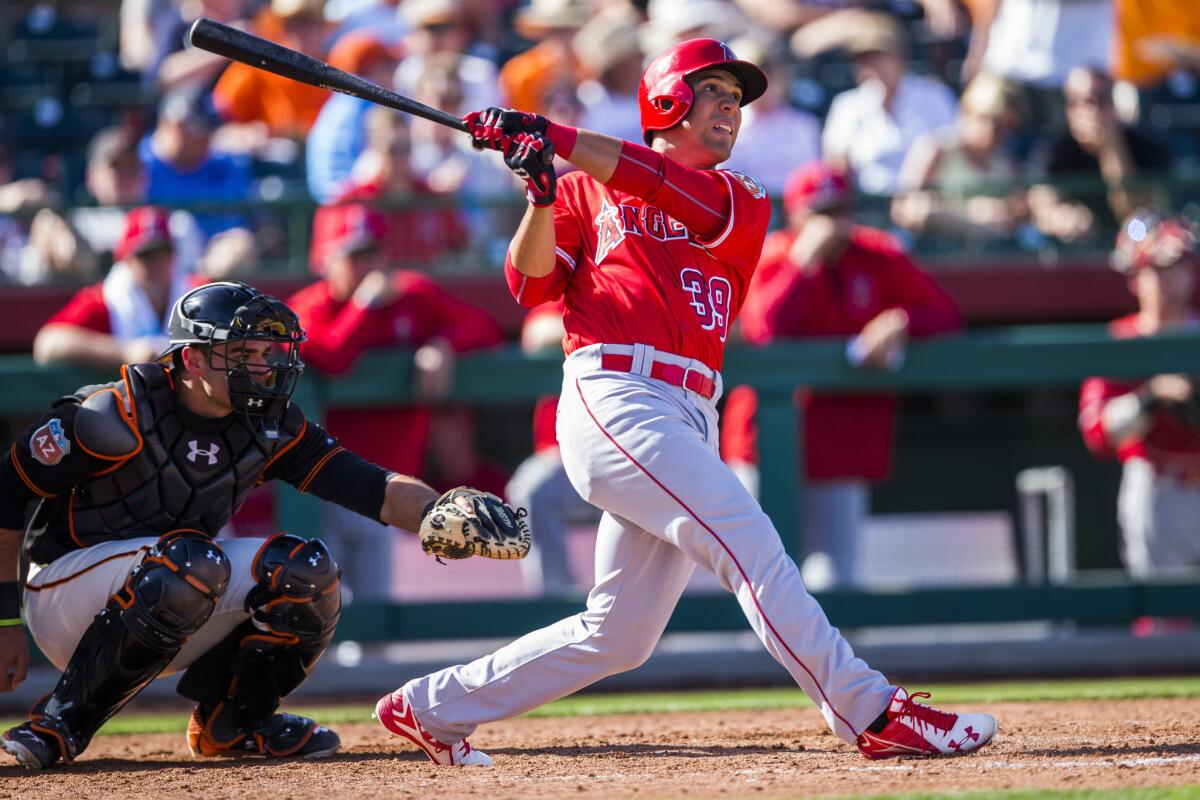 Angels outfielder Rafael Ortega (39) bats during a spring training game against the Giants on March 2.