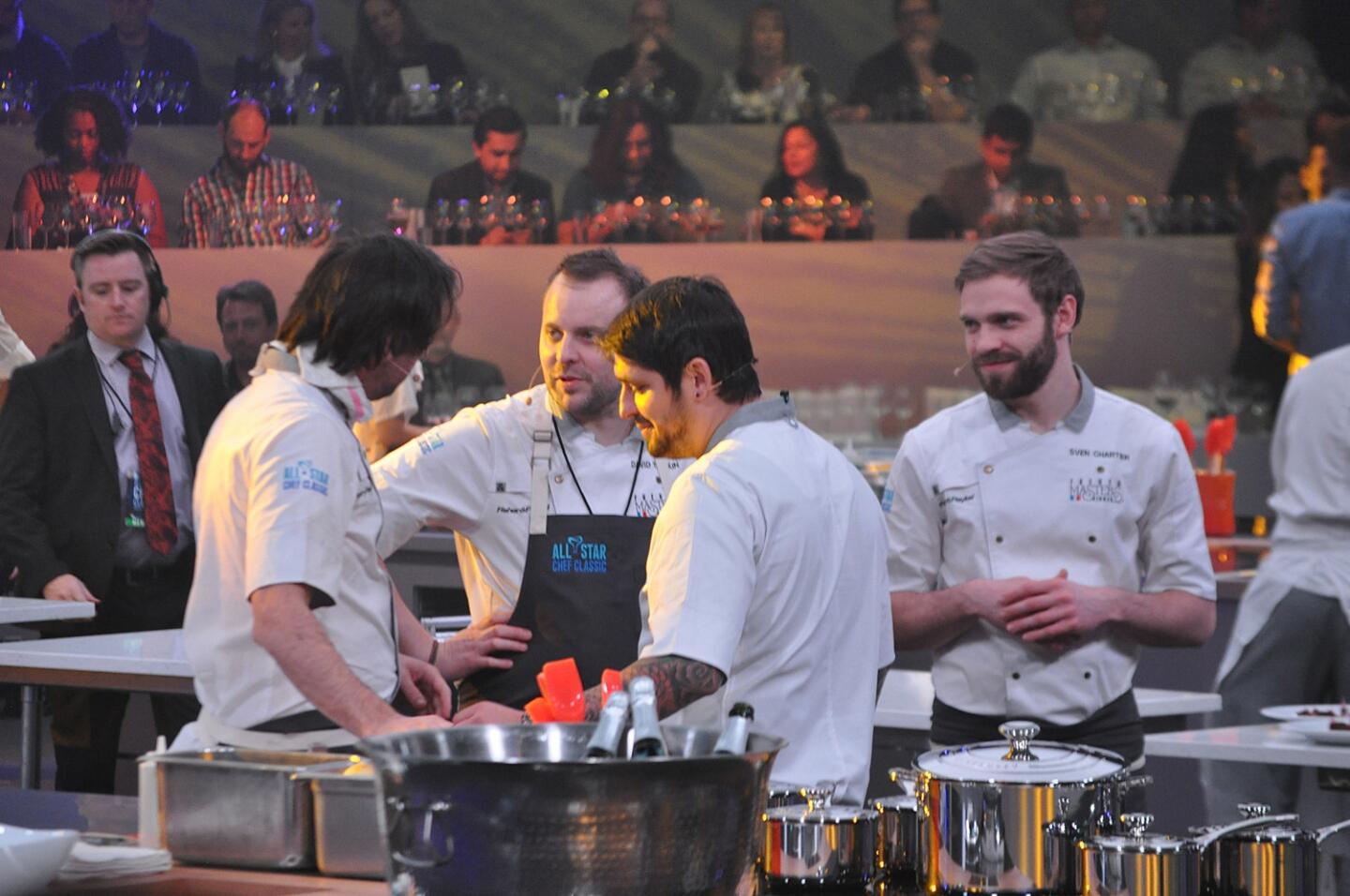 From left, Inaki Aizpitarte, David Toutain, Ludo Lefebvre and Sven Chartier in the kitchen at the French Masters Dinner at the All Star Chef Classic at L.A. Live.