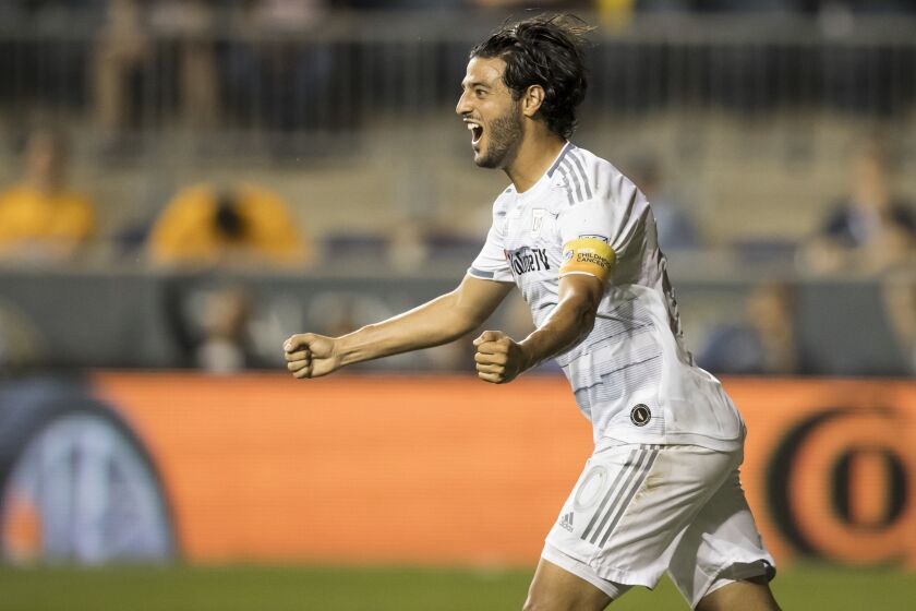 LAFC captain Carlos Vela celebrates after scoring a goal against the Philadelphia Union on Sept. 14 in Chester, Pa.