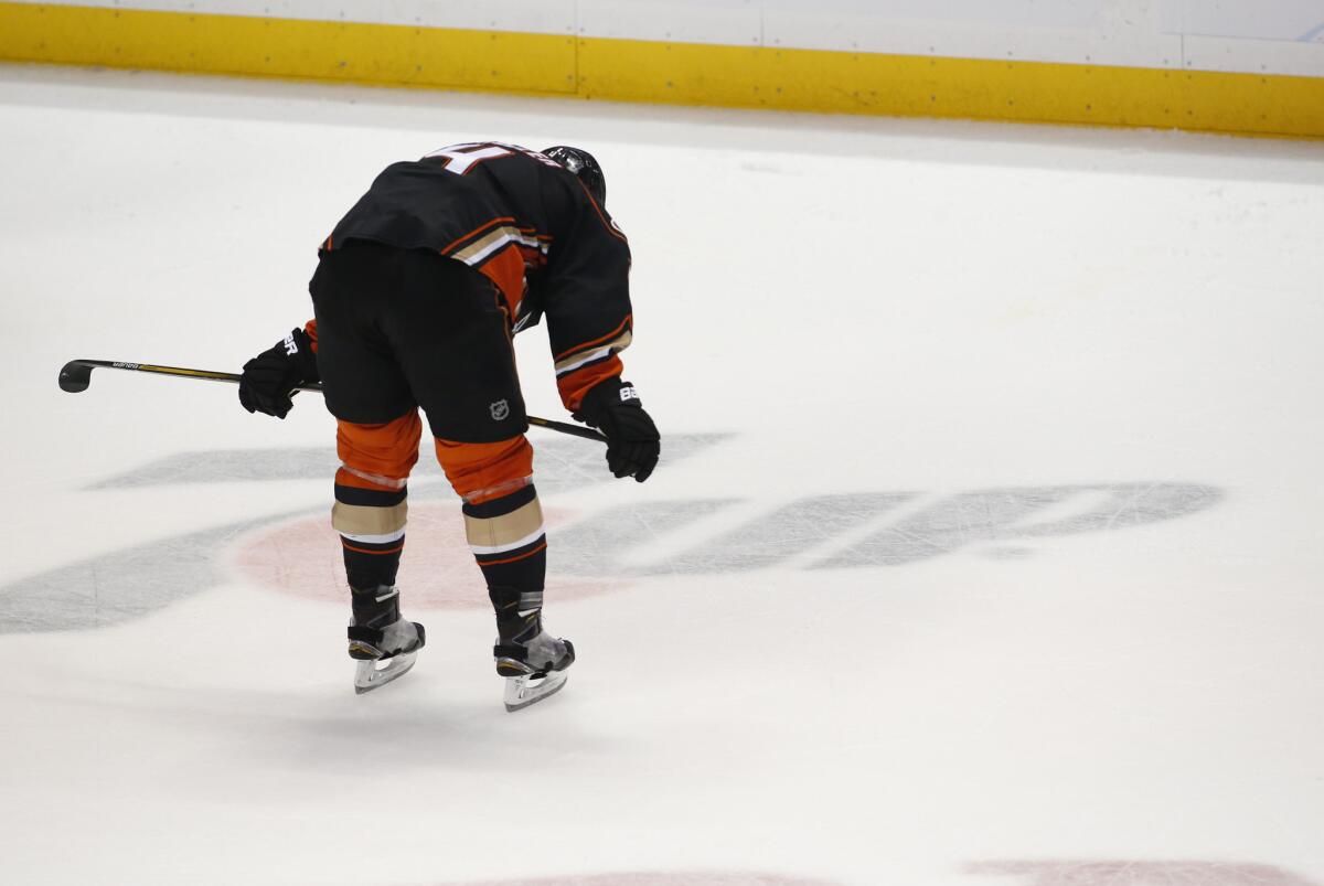 Ducks defender Cam Fowler skates back to the locker room with his head hung low after being defeated by the Nashville Predators, 3-2, during Game 2.