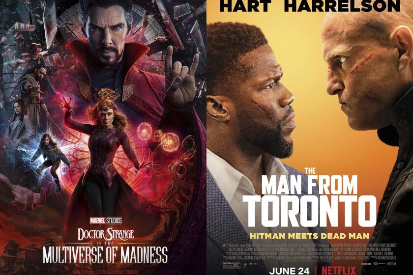 En esta combinación de fotos, el arte promocional de "Doctor Strange and the Multiverse of Madness", disponible el miércoles en Disney+., y "The Man from Toronto", una película que debuta en Netflix el 24 de junio. (Disney/Netflix vía AP)
