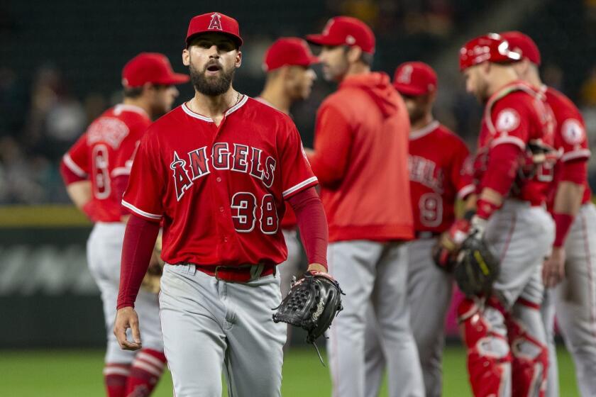 SEATTLE, WA - APRIL 01: Justin Anderson #38 of the Los Angeles Angels of Anaheim reacts as he is taken out of the game against the Seattle Mariners in the sixth inning at T-Mobile Park on April 1, 2019 in Seattle, Washington. (Photo by Lindsey Wasson/Getty Images) ** OUTS - ELSENT, FPG, CM - OUTS * NM, PH, VA if sourced by CT, LA or MoD **