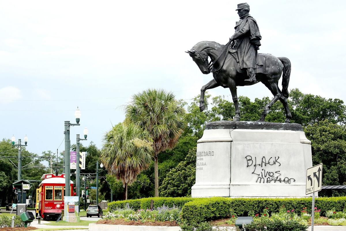 Two city commissions in New Orleans recommend removing four Confederate monuments, including this statue of Confederate Gen. P.G.T. Beauregard, which was recently marked with paint.
