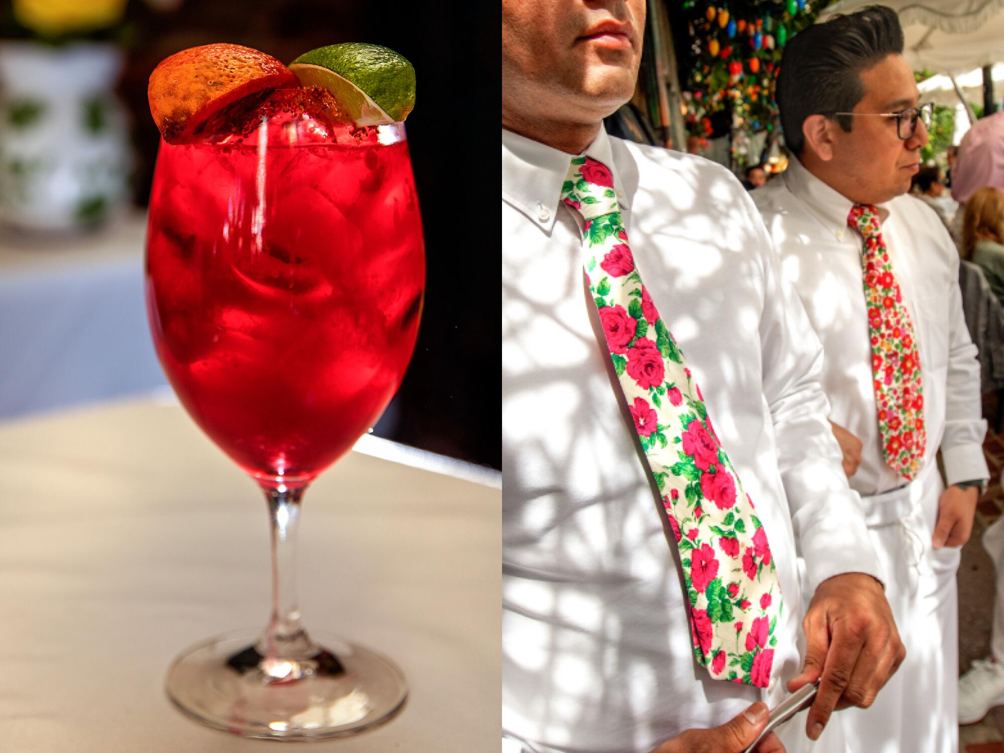 A blood orange margarita, left, and the wait staff's colorful floral neckties, right.