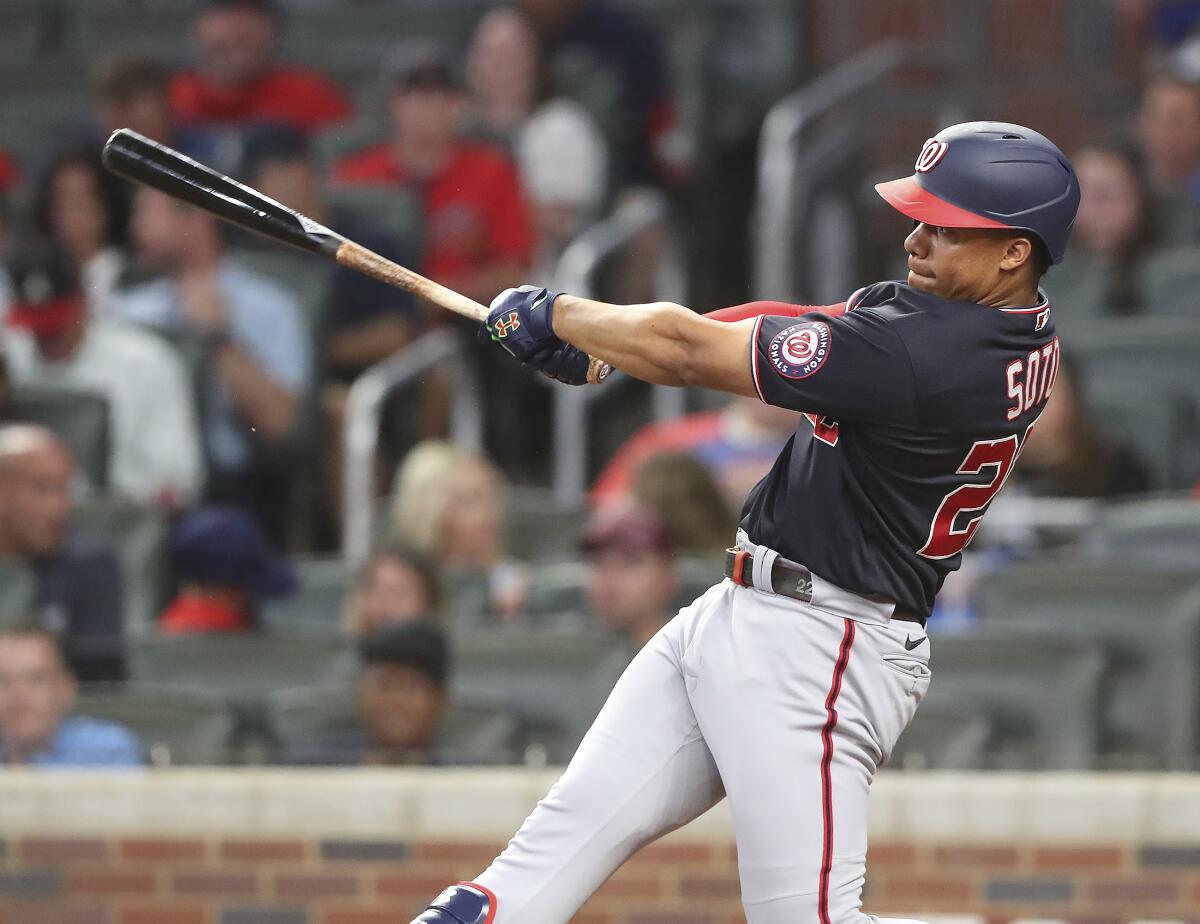 Washington Nationals' Juan Soto swing during a baseball game