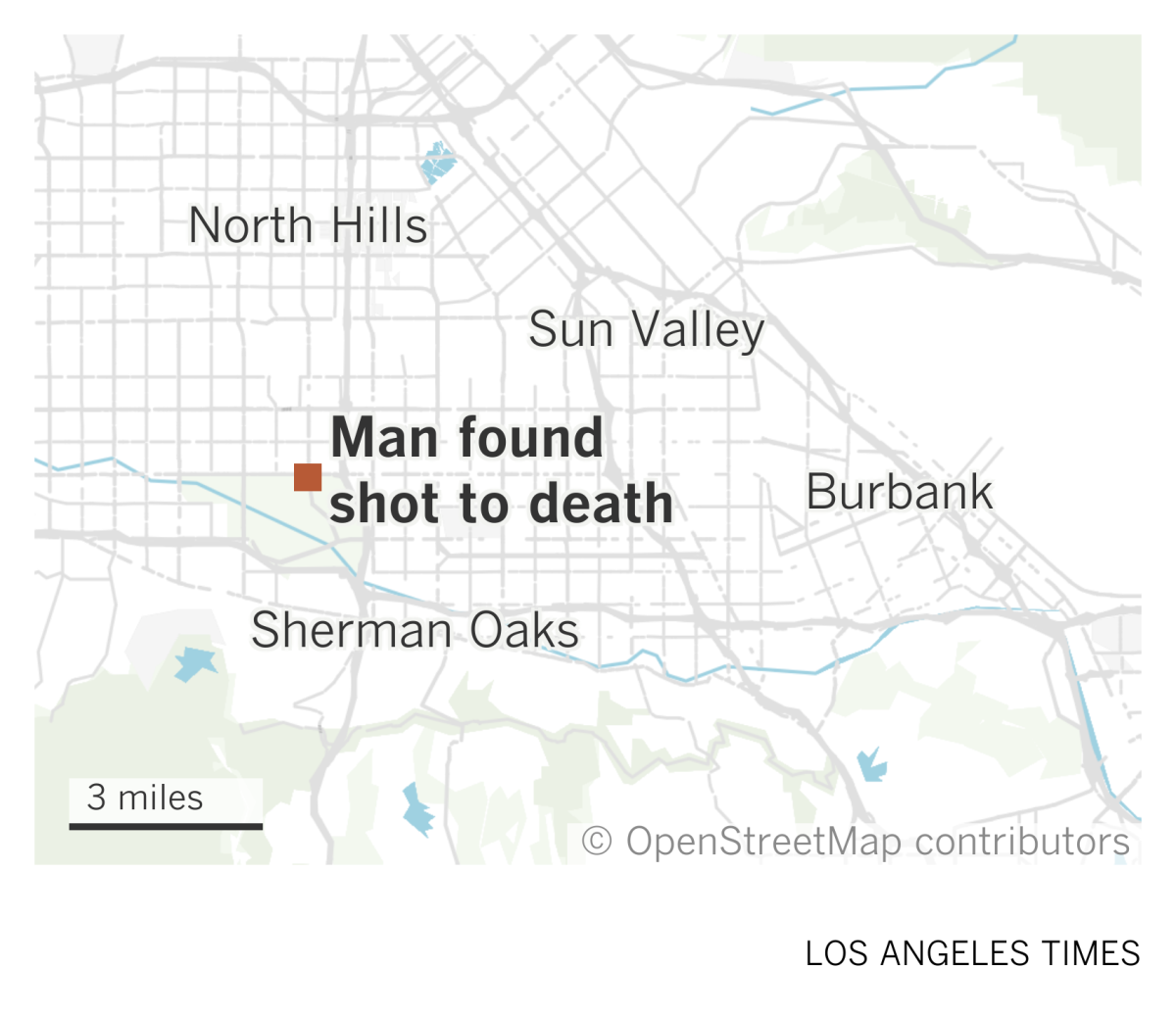 A map of the San Fernando Valley shows where a man was found shot to death in the Sepulveda Basin Recreation Area