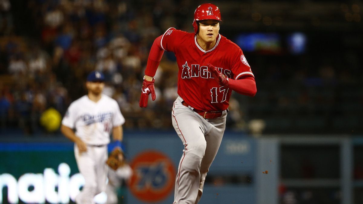 Angels pinch hitter Shohei Ohtani sprints for third base during a game at Dodger Stadium on July 13.