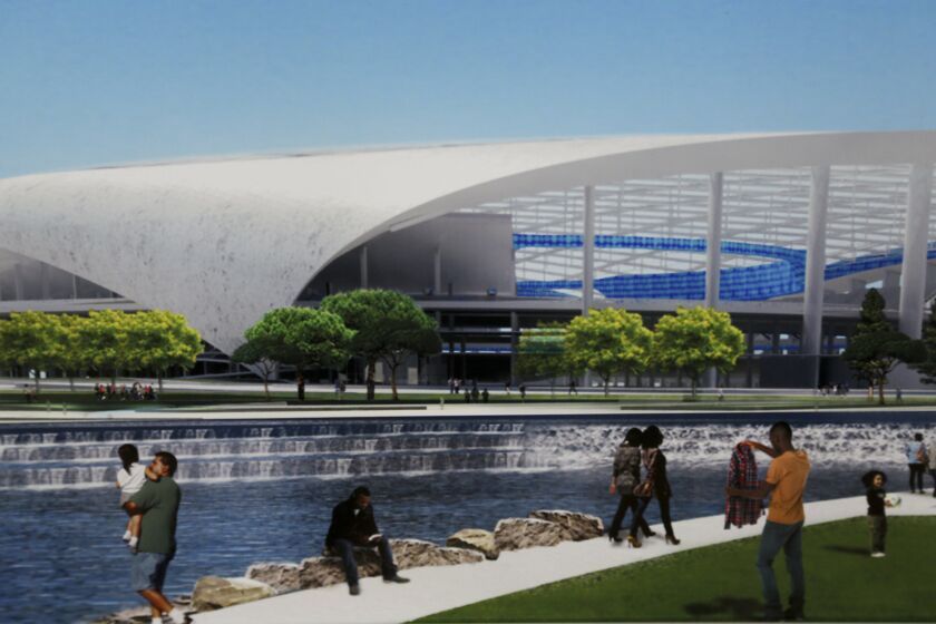 Shown is an artist's rendering of the planned NFL stadium at the former Hollywood Park racetrack in Inglewood.