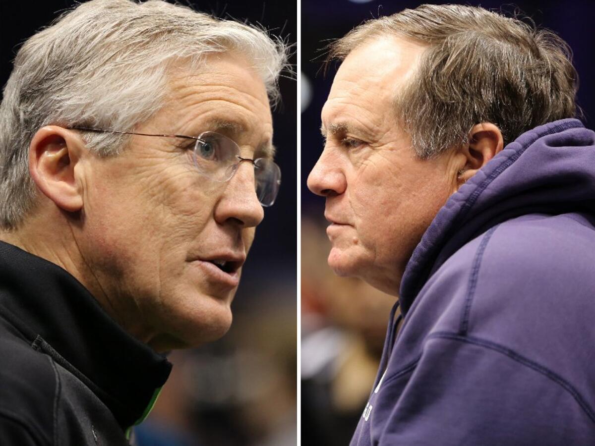 Seattle head coach Pete Carroll, left, and New England head coach Bill Belichick at Tuesday's press conference.