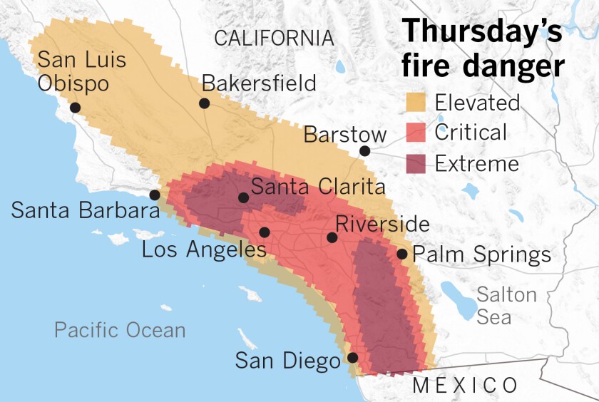 Forecast fire danger for Thursday in Southern California