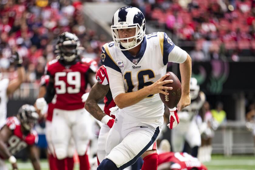ATLANTA, GA - OCTOBER 20: Jared Goff #16 of the Los Angeles Rams rushes for a touchdown during the second half of a game against the Atlanta Falcons at Mercedes-Benz Stadium on October 20, 2019 in Atlanta, Georgia. (Photo by Carmen Mandato/Getty Images)