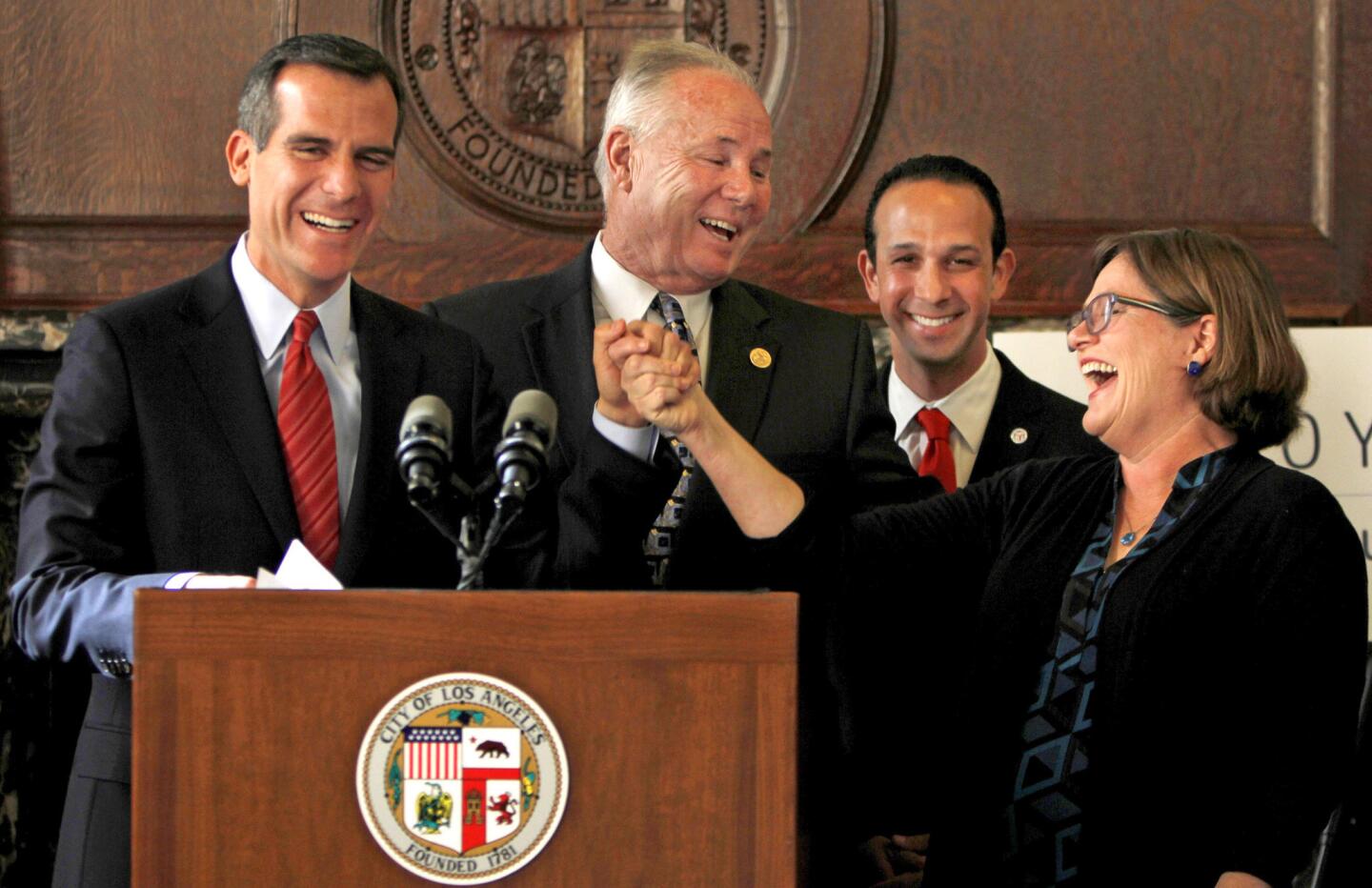 Los Angeles Mayor Eric Garcetti, CouncilmenTom LaBonge and Mitchell Englander and U.S. Geological Survey seismologist Lucy Jones at a 2014 news conference announce an aggressive new plan to tackle earthquake safety, including how to better protect vulnerable buildings.