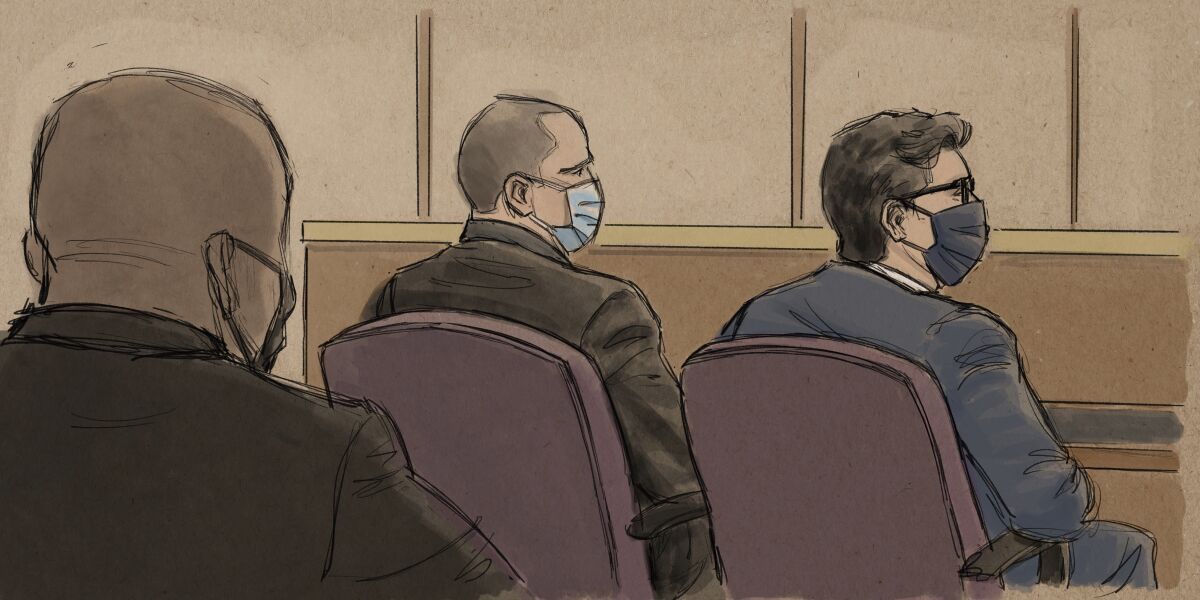 In this courtroom sketch, former Minneapolis police officer Derek Chauvin, center, sits beside his defense attorney during a hearing in Minneapolis, Friday, Sept. 11, 2020. Prosecutors in the case of four former Minneapolis officers charged in the death of George Floyd told a judge Friday that the men should face trial together because the evidence and charges against them are similar, and multiple trials could traumatize witnesses and Floyd's family. Floyd, a Black man in handcuffs, died May 25 after Derek Chauvin pressed his knee against his neck as Floyd said he couldn’t breathe. (Cedric Hohnstadt via AP)