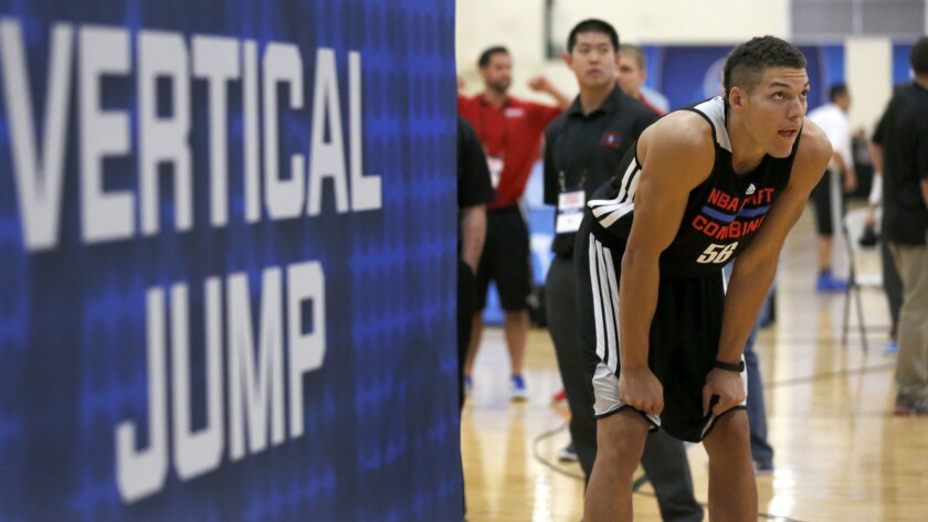 Arizona standout Aaron Gordon takes part in the NBA draft combine in Chicago on May 16. The Lakers could be aiming to select Gordon with the seventh overall pick in the 2014 NBA draft.