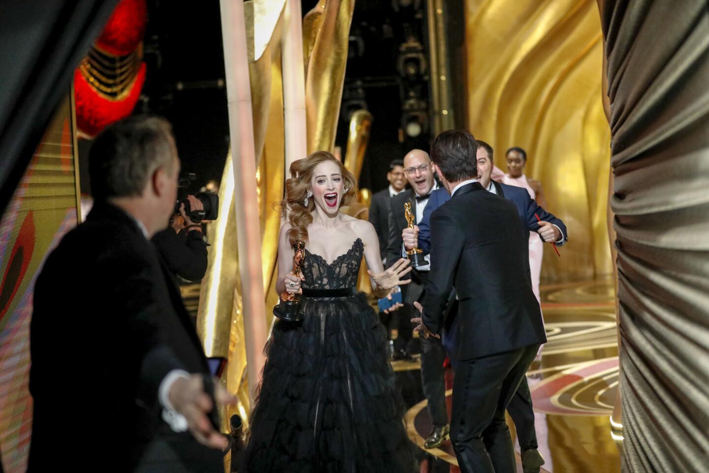 Jaime Ray Newman is jubilant after winning the short film award for "Skin" at the 91st Academy Awards on Sunday.