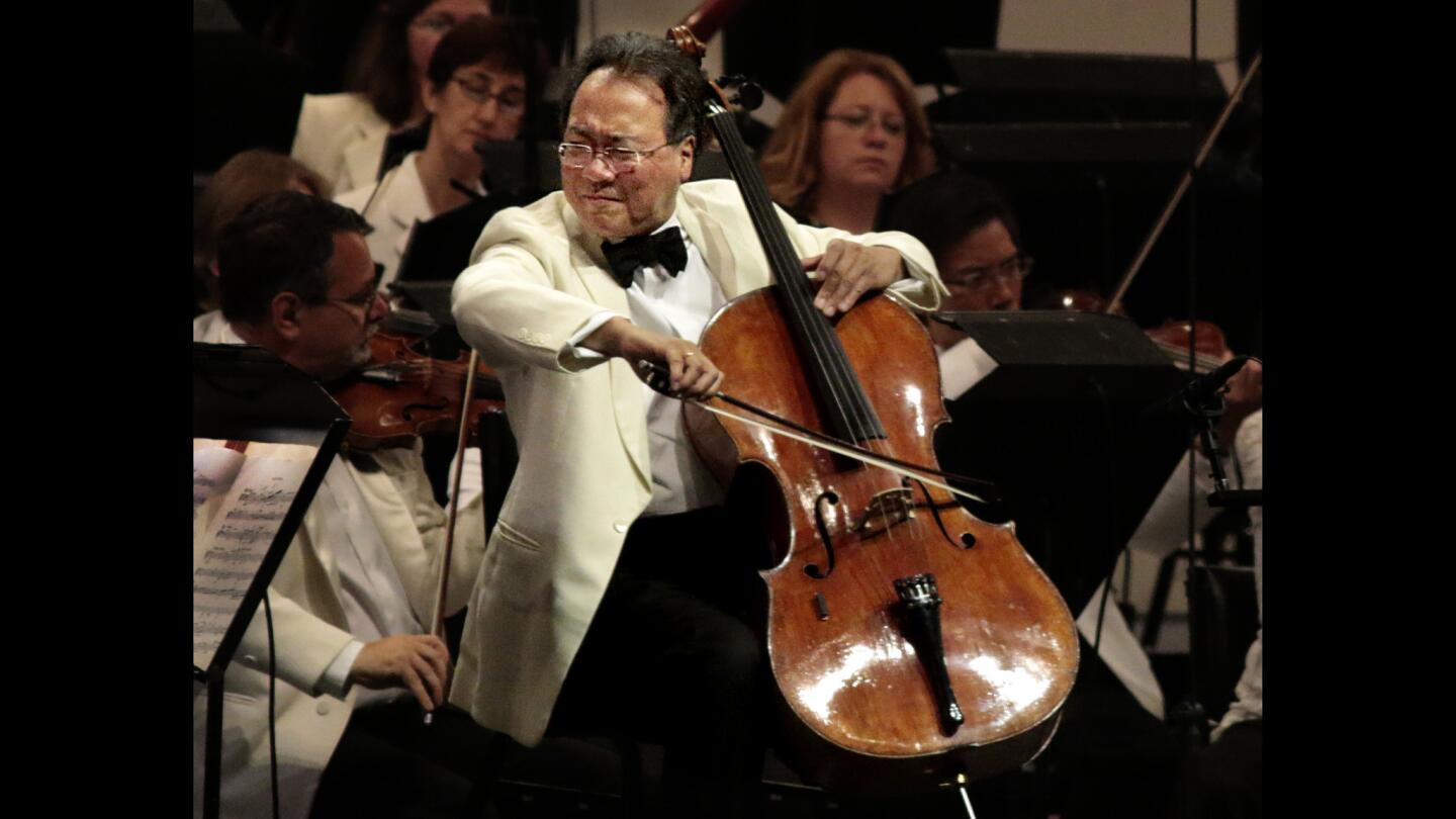 Yo-Yo Ma in Elgar's Cello Concerto with Leonard Slatkin conducting the L.A. Philharmonic at the Hollywood Bowl on Aug. 14, 2014.