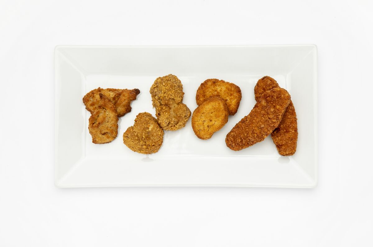 From left, Daring breaded pieces, Nowadays nuggets, Impossible nuggets and Beyond Meat tenders.