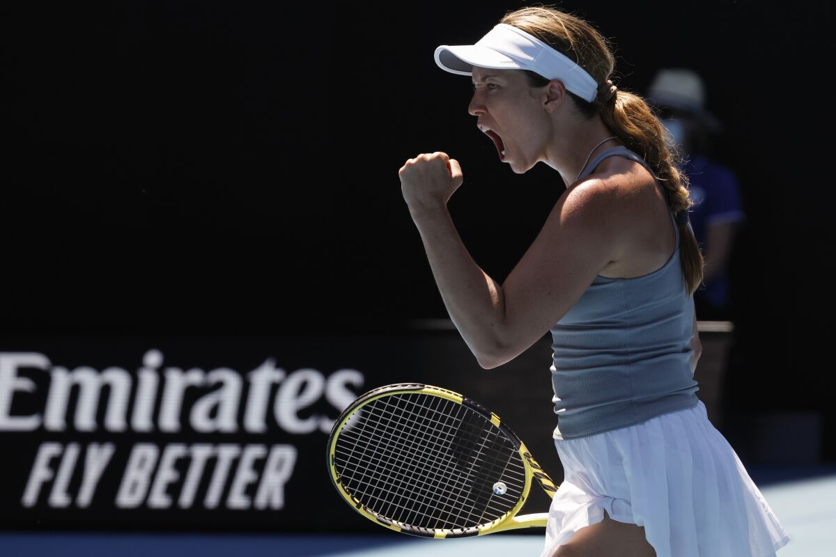 Danielle Collins reacts during her victory over Alize Cornet in the Australian Open quarterfinals on Wednesday.