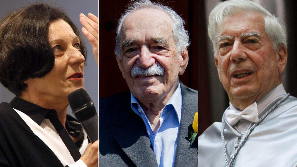 From left, past Nobel winners Herta Mueller (2009), Gabriel Garcia Marquez (1982) and Mario Vargas Llosa (2010).