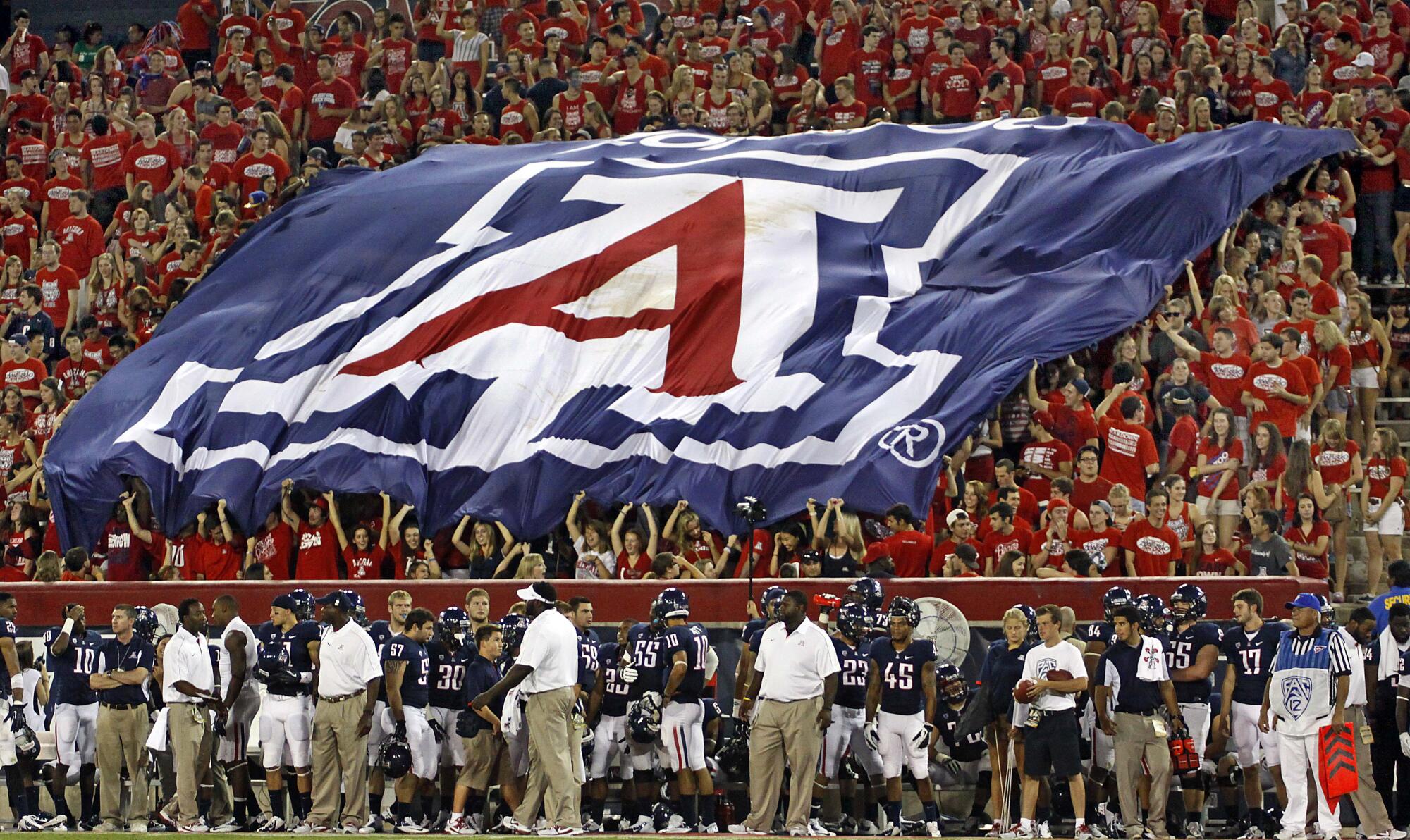 Fans cheer on the Arizona football team with a Arizona flag.