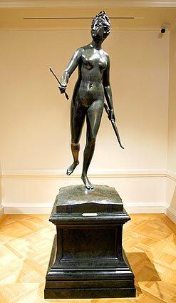 The life-size bronze statue "Diana the Huntress" can be found on the Huntington Art Gallery's second floor. Henry Huntington acquired Jean-Antoine Houdon's work in 1927 in memory of his wife, Arabella, who had died in 1924.