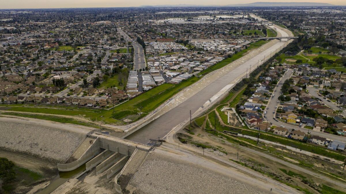 An aerial view of the Whittier Narrows Dam in the area between Montebello and Pico Rivera.