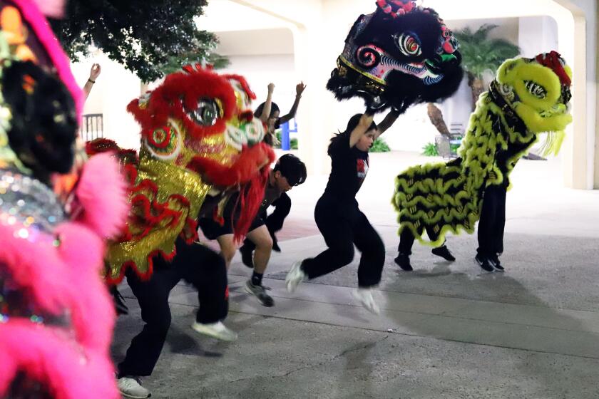The Gio Nam Mua Lan Lion dance team rehearse for its 20th anniversary celebration at the Social Science Hall quad at the University of Irvine in Irvine on Thursday, February 22, 2024. (Photo by James Carbone)