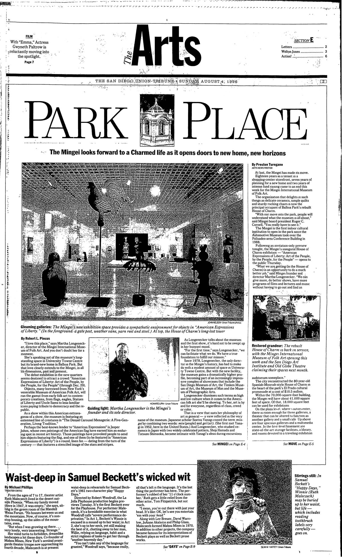 The front page of the Arts section from The San Diego Union-Tribune on Aug. 4, 1996