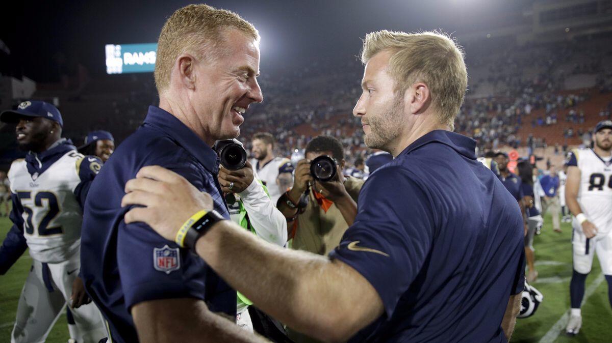 Rams coach Sean McVay, right, greets Dallas Cowboys coach Jason Garrett after a preseason game on Aug. 12.