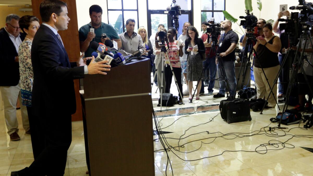 U.S. Senator Marco Rubio, R-Fla., speaks during a news conference about the Zika virus on Aug. 3 in Doral, Fla.