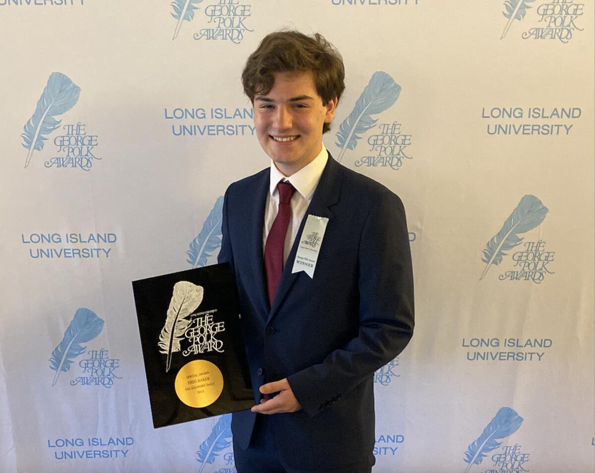 Theo Baker, a student journalist at Stanford, received a George Polk Award at a ceremony in April.