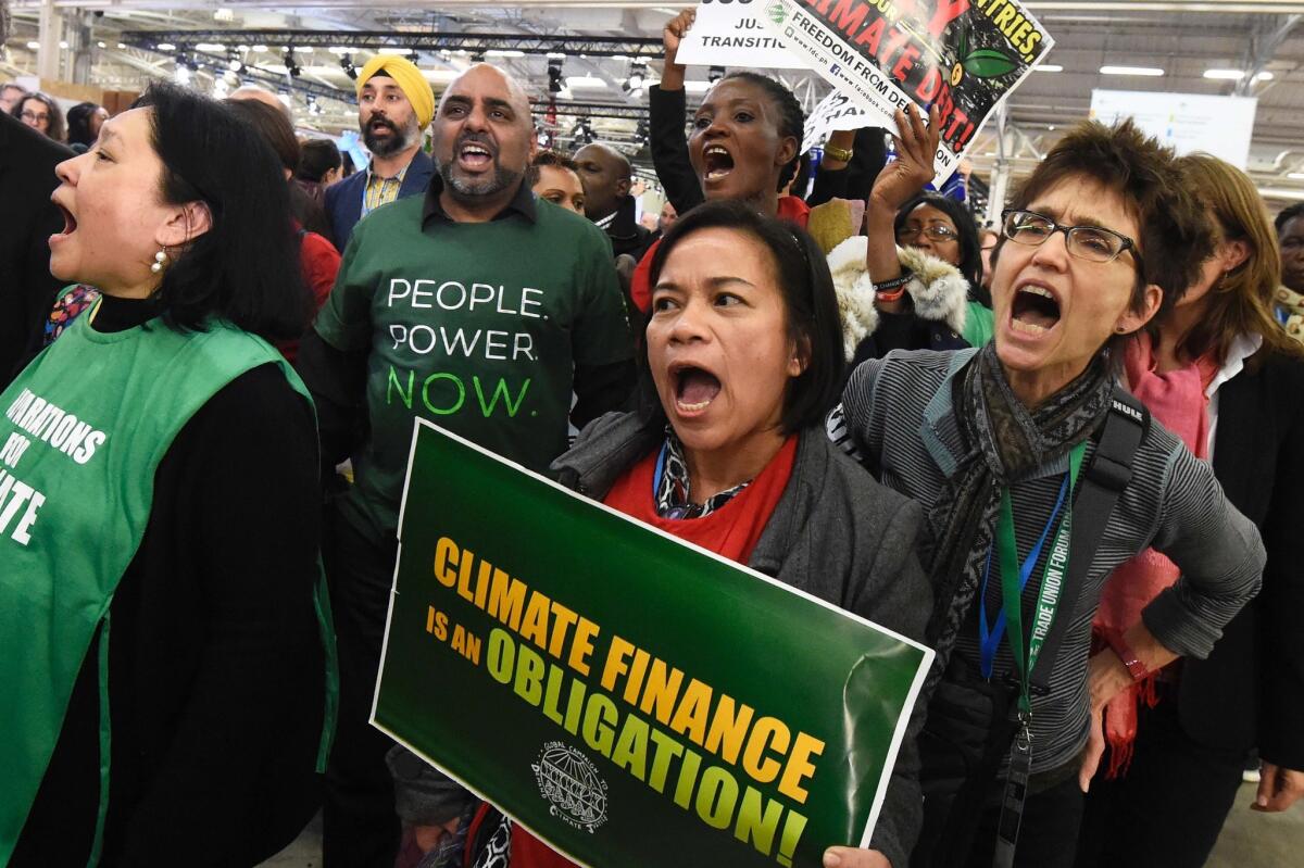 Demonstrators during the United Nations conference on climate change at Le Bourget, on the outskirts of Paris, on Dec. 9, 2015.