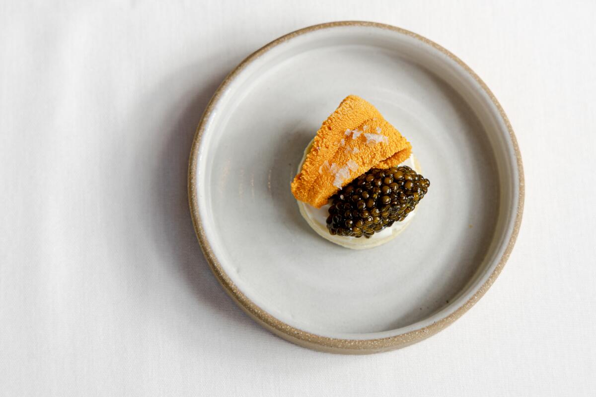Los Alamos, CA - April 21: The Santa Barbara Sea Urchin with Regiis Ova caviar at Bell's on Monday, April 21, 2025 in Los Alamos, CA. (Juliana Yamada / Los Angeles Times)