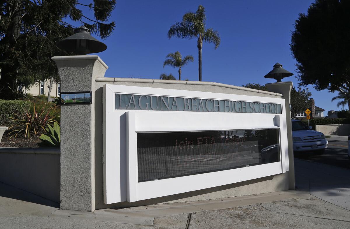 The Laguna Beach High School marquee on Park Avenue in Laguna Beach.