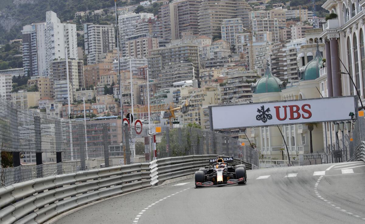 Red Bull driver Max Verstappen races through the streets on Monte Carlo during the 2021 Monaco Grand Prix.