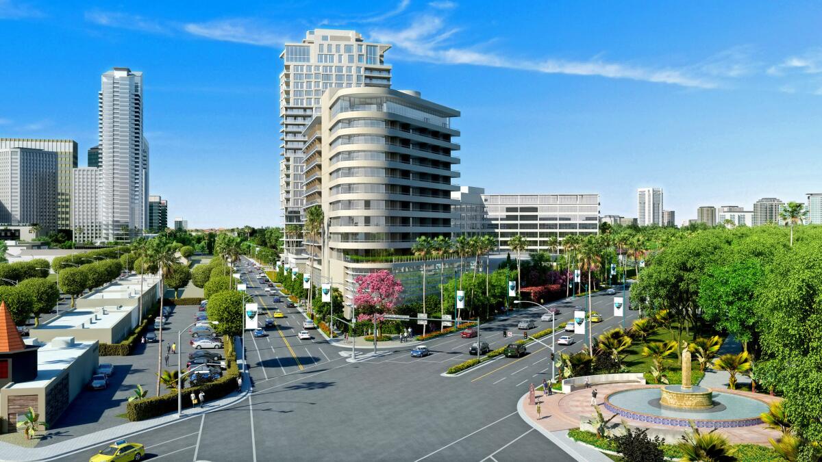 A rendering of the proposed 26-story tower next to the Beverly Hilton.