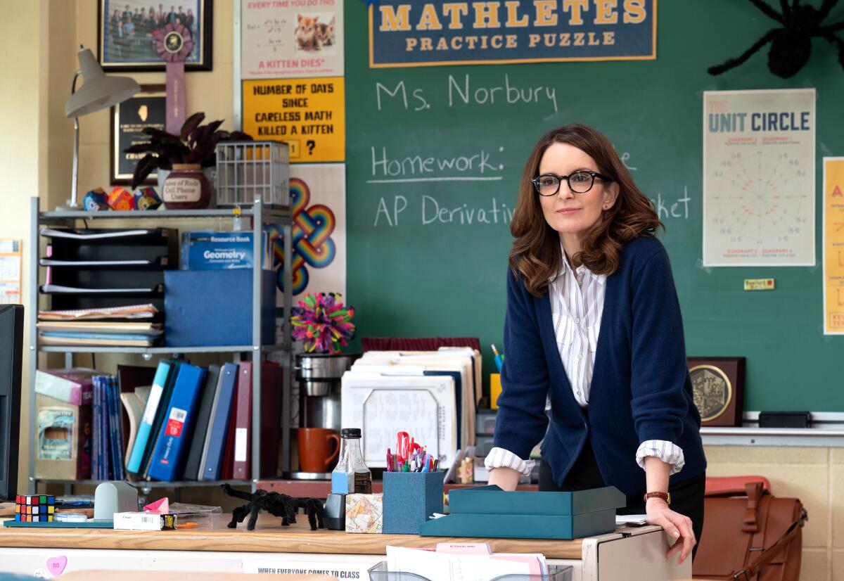 A bespectacled calculus teacher stands at her desk.