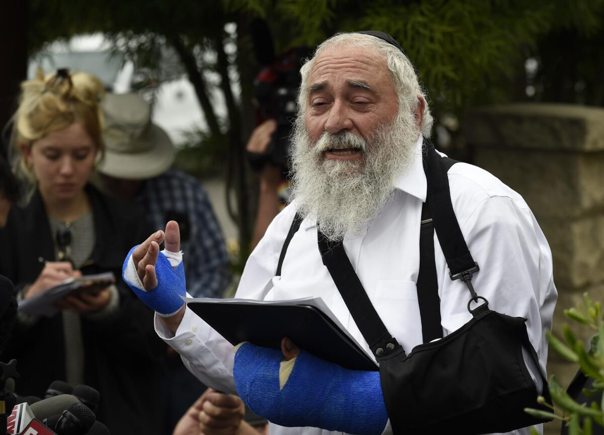 Rabbi Yisroel Goldstein speaks at an April 2019 news conference at the Chabad of Poway synagogue, where a man opened fire on worshipers.