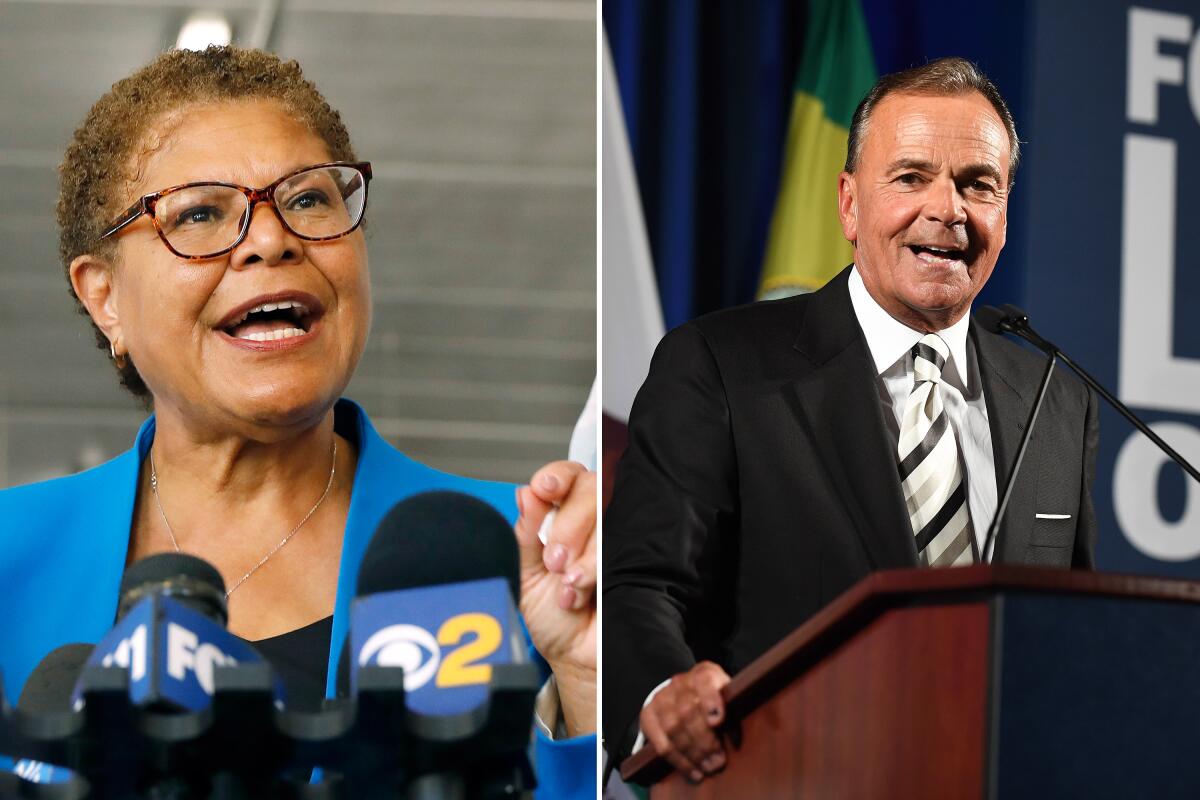 Side by side photos of Karen Bass and Rick Caruso.