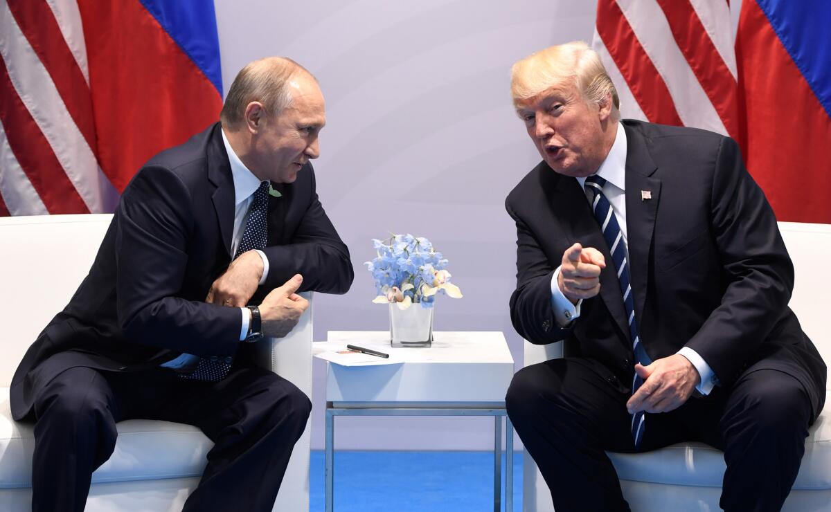 President Trump and Russian President Vladimir Putin hold a meeting July 7 on the sidelines of the G-20 summit in Hamburg, Germany.