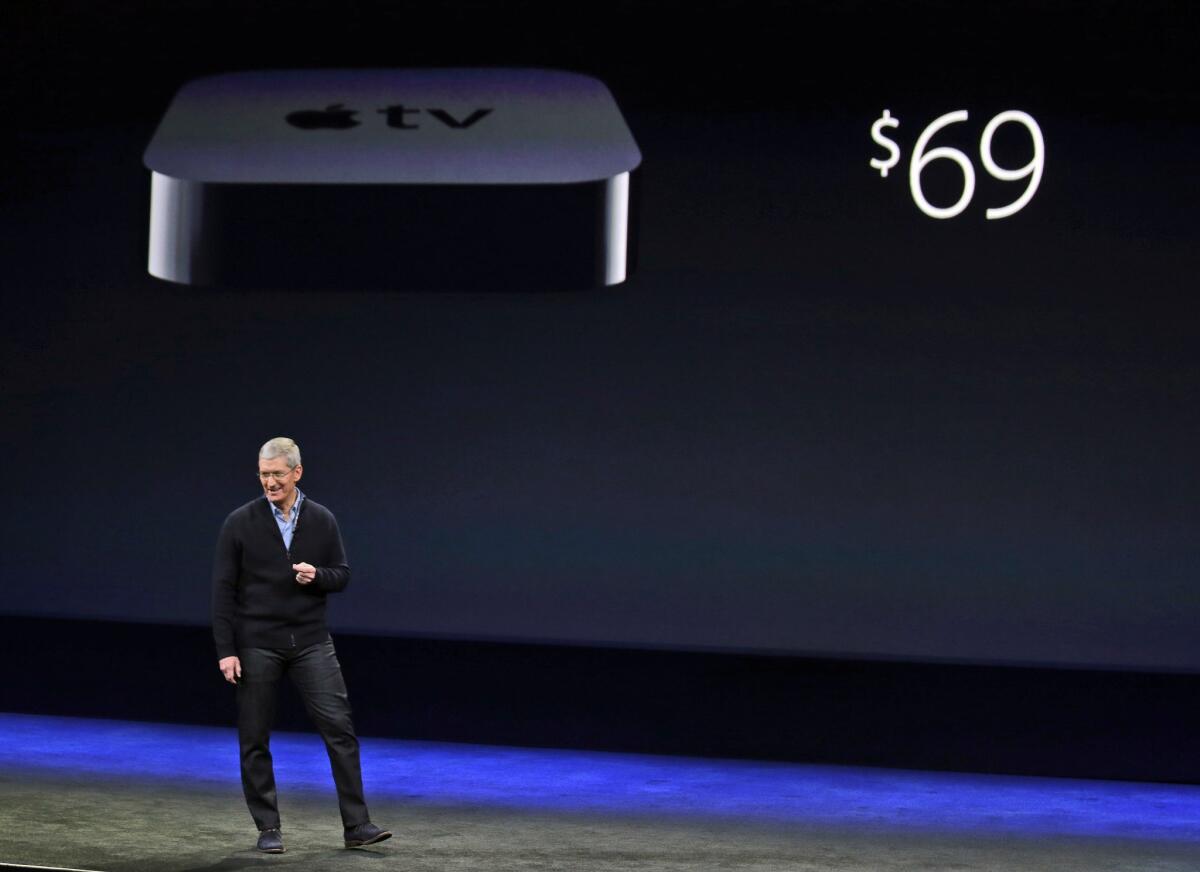 Apple CEO Tim Cook on March 9 in San Francisco, announcing Apple TV price drop from $99 to $69