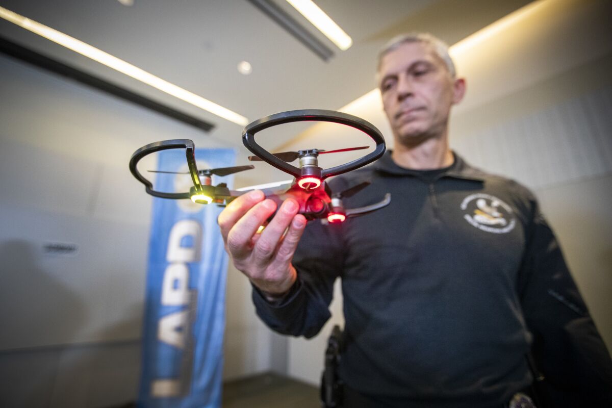 LAPD SWAT officer Tom Chinappi at a news conference in January to announce the department’s first use of a drone.