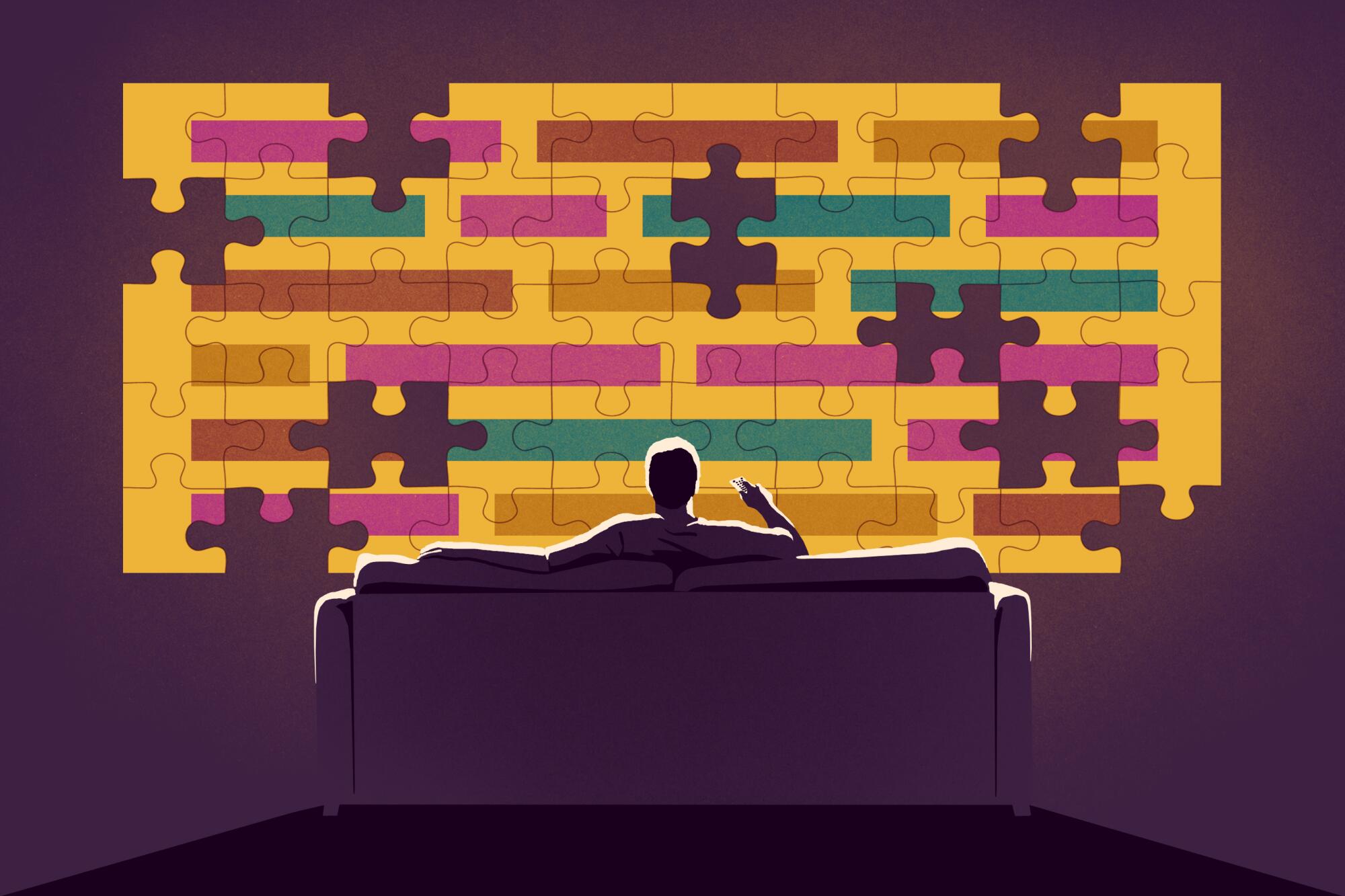 Illustration of a man sitting on a couch and pointing a remote at a puzzle on the wall.