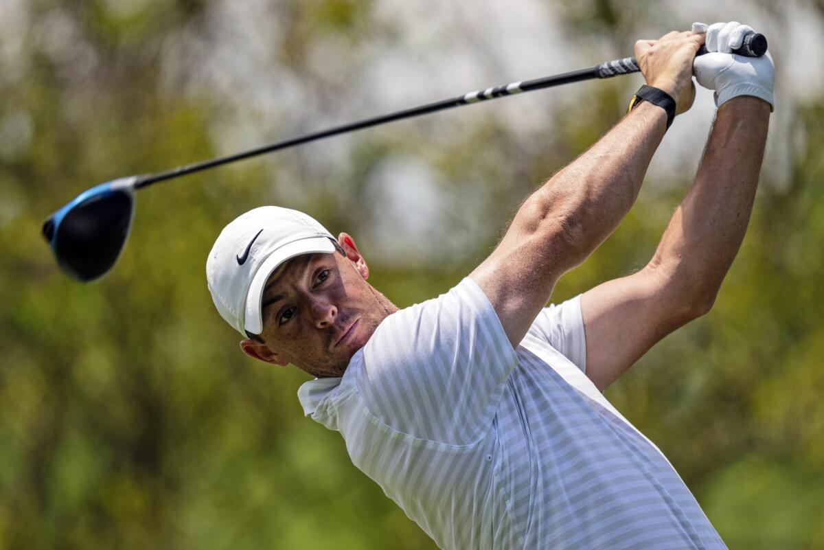 Rory McIlroy watches his tee shot on the second hole during the third round of the Wells Fargo Championship on May 8, 2021.