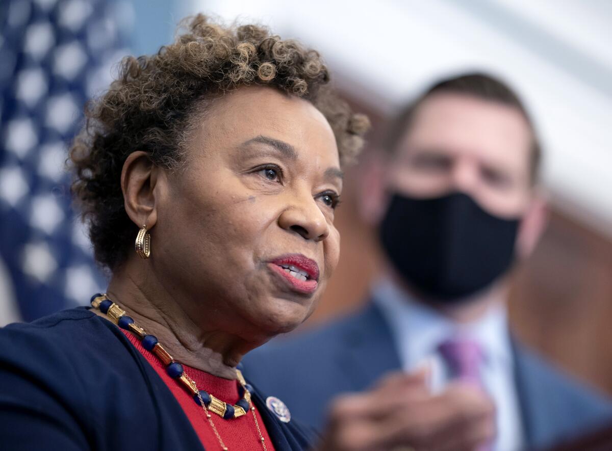 Rep. Barbara Lee, D-Calif speaks at a news conference at the Capitol in Washington in Feb. 2022.
