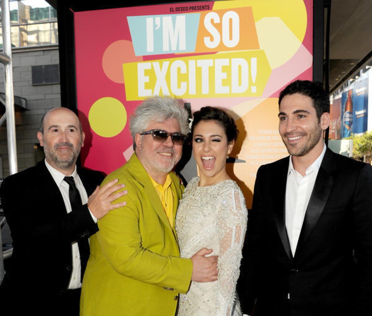 Actor Javier Camara, left, director Pedro Almodovar, actors Blanca Suarez and Miguel Angel Silvestre arrive at the North American premiere of "I'm So Excited!" during the 2013 Los Angeles Film Festival.