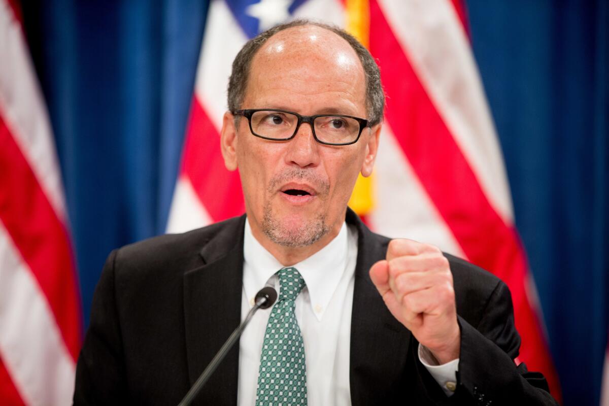 Labor Secretary Tom Perez, shown speaking at a June news conference, has launched a review of Wells Fargo & Co.